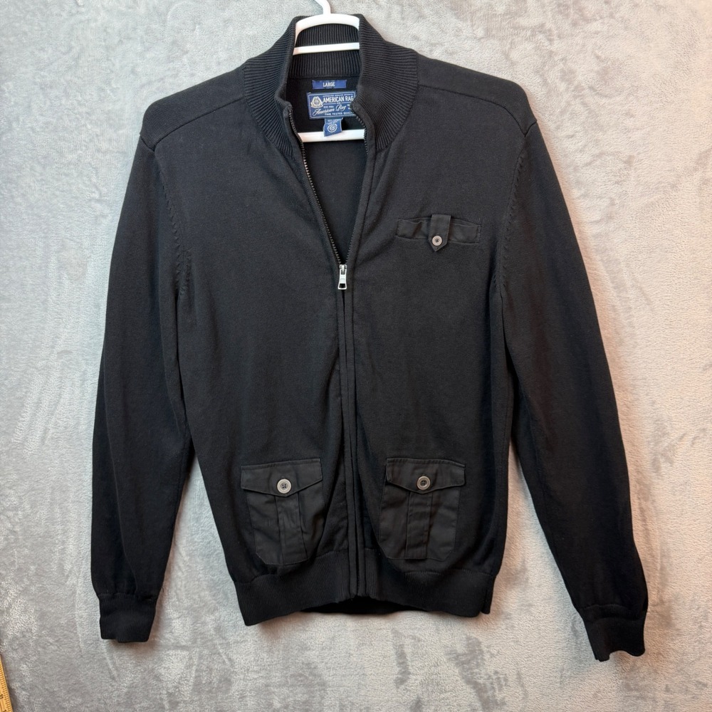 American Rag Sweater Mens Large Black Full Zip Mock Neck Utility Elbow Patches